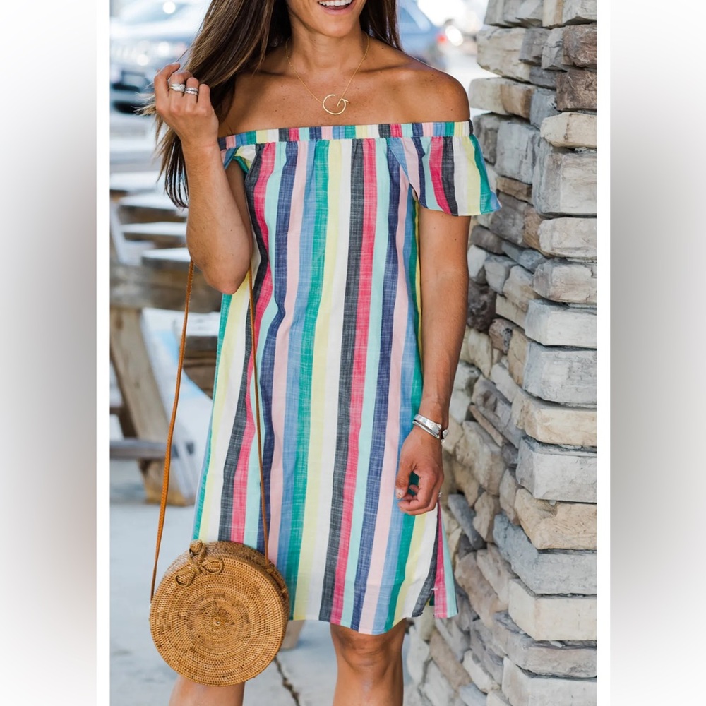 J. CREW Rainbow Striped Off-the-Shoulder Dress Size 10 NWT